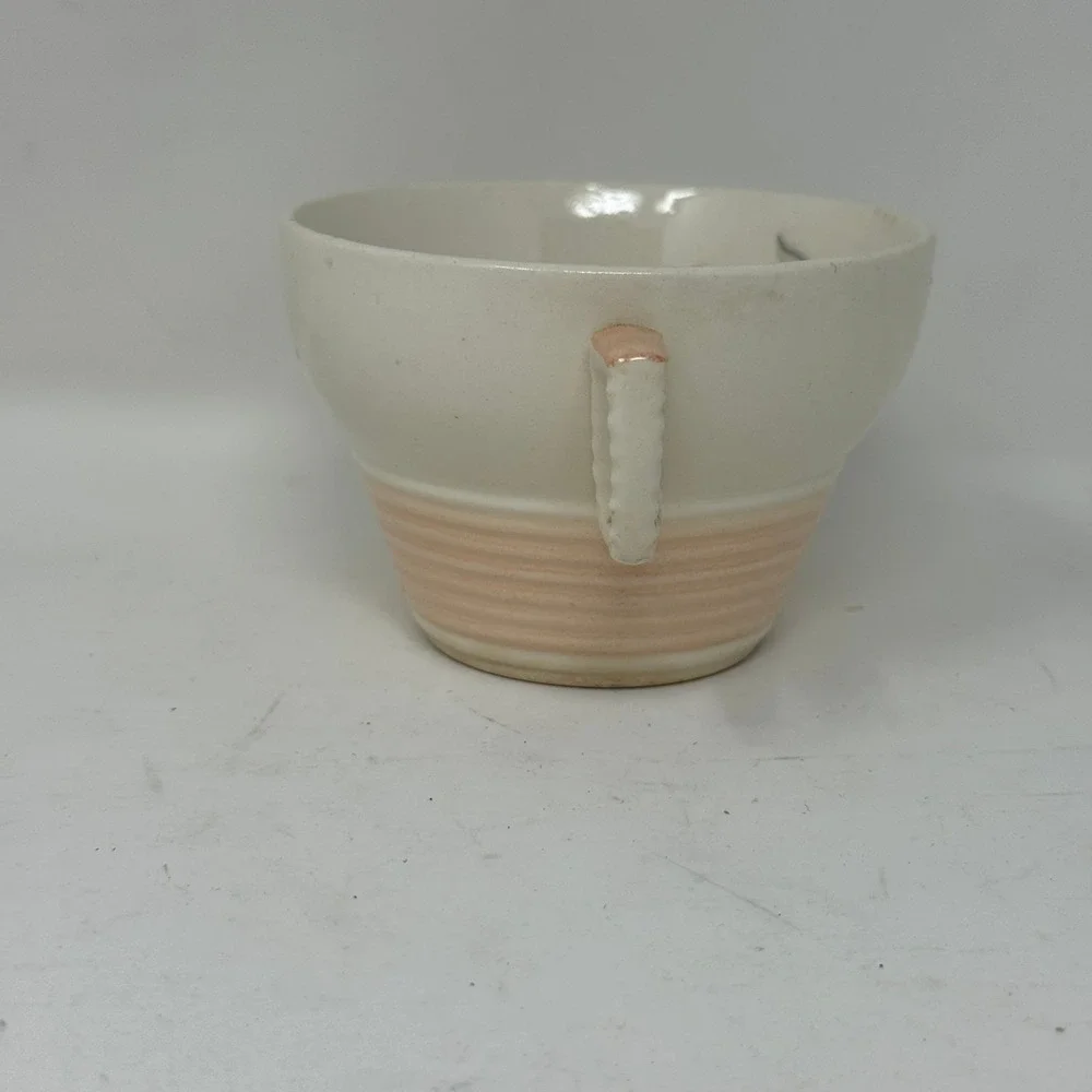Hand Painted Floral Interior Ribbed Ceramic Teacup Peach Cream Cottagecore Vtg‎